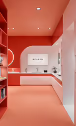 a pink kitchen with open shelving and shelves