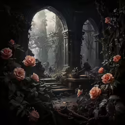 an arch in a forest with flowers around it