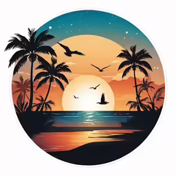 a beach with palm trees and a boat in the sunset