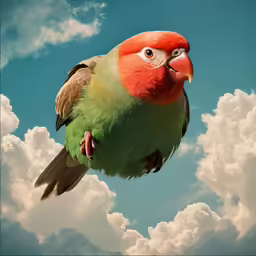 an orange and green bird sitting on its beak in a blue cloudy sky