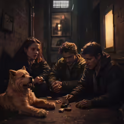 a group of people that are sitting down with a dog