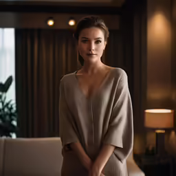 the beautiful woman stands near a white couch with her arm folded