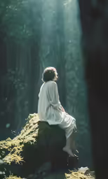 a woman is sitting on a rock in the woods