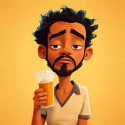 the 3d image of an animated man holding a drink is very funny