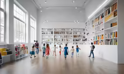 a large room filled with people and lots of books
