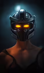 woman with glowing eyes and helmet in a dark background