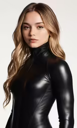 woman wearing a black leather bodysuit looking forward with a serious look