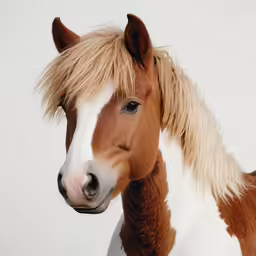 a brown and white horse with its mane pulled back