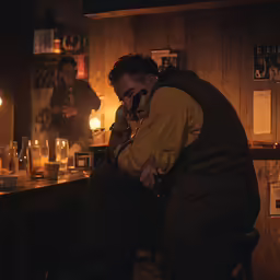 man in yellow jacket talking on phone in dimly lit room