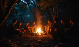 people sit around a campfire while someone holds his hand