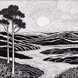 a black and white drawing of mountains and a river,an art print with two trees near a stream