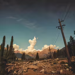 some telephone lines in a rocky terrain with a mountain range in the distance