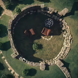 an aerial view shows two chairs and an umbrella set out in the grass