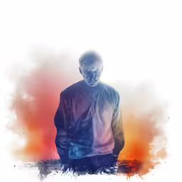 an artistic portrait of a man standing in front of red and orange light