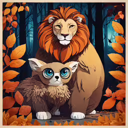 a lion and a cat in the fall leaves,a lion and cat are shown surrounded by fall leaves