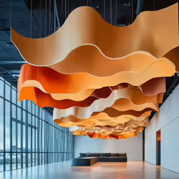inside a room, there is a large light and some furniture