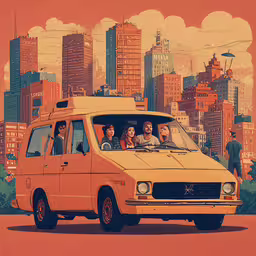 four people are riding in an orange vehicle,there is a yellow van and several people on the road