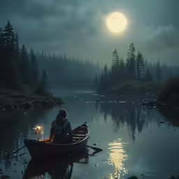 a person in a small boat on a lake at night