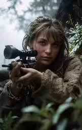 a woman is posing with a gun and holding something