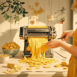 a woman is grating cheese over a pasta machine