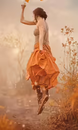 a woman with an orange umbrella in a field
