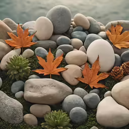 a pile of rocks and leaves on top of it