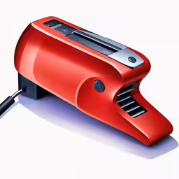 a red toaster on a white background with a black cord