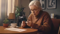 the elderly woman is working on her cell phone