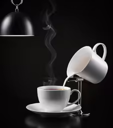 a steaming cup and saucer on a saucer in front of a suspended light