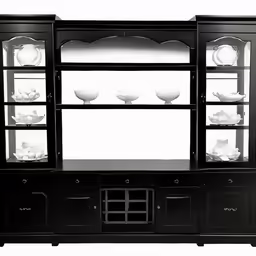 a black cabinet with glass doors and lights