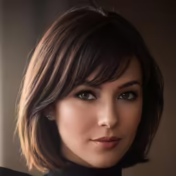 a close up of a person with a haircut and blue eyes