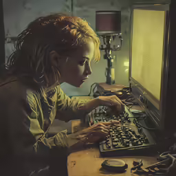 a woman is typing on a keyboard by some lamp