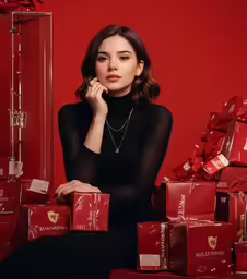 a woman is posing for a picture next to several presents