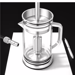 a stainless steel coffee maker on top of a white paper
