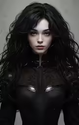 a female character with long black hair wearing dark clothes and a black cape