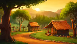 the small village by the road has grass roof houses,two houses sitting on the side of a small road