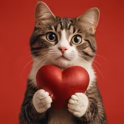 cat with paws on heart shaped ball by red background