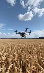 a remote controlled croper flies over the wheat field
