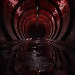a very long tunnel with bright red light shining down the center