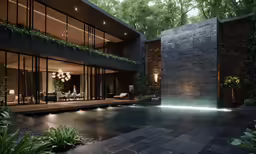 the house is illuminated in white lights and surrounded by greenery