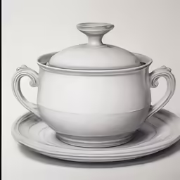 a black and white drawing of a soup bowl and plate