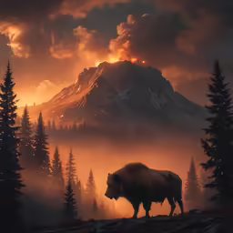the buffalo is standing on a hill near a forest