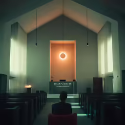 a church with a man sitting in an armchair