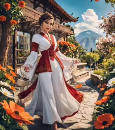 a woman is walking outside in a flower covered dress