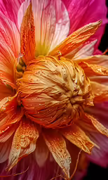 a close up photo of an orange and pink flower