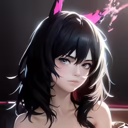 the naked girl with black hair is wearing pink bow