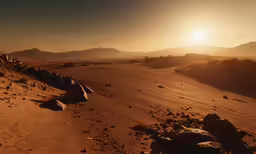 the sun sets in a desert like scene with rocks and sand