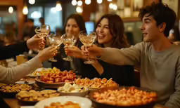 friends celebrating with wine glasses at a restaurant