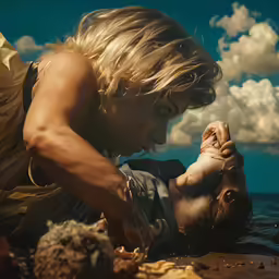 a man is playing with an animal while the other one watches