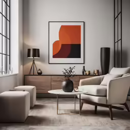 an empty room with grey, orange, black and white art